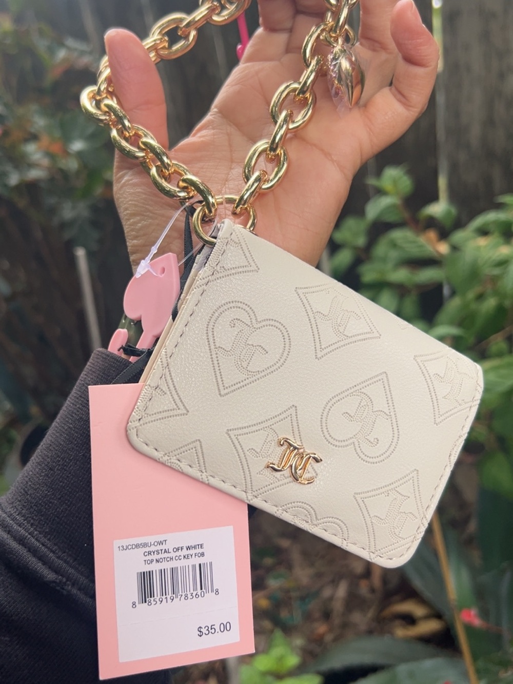 Juicy Couture Off White Logo Embossed Wallet with Gold Chain and Pink Tag